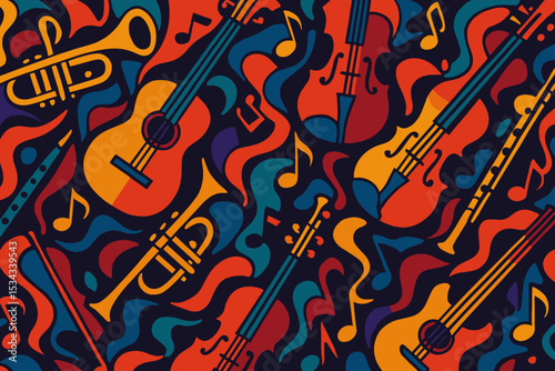 Colorful seamless pattern with musical instruments and notes