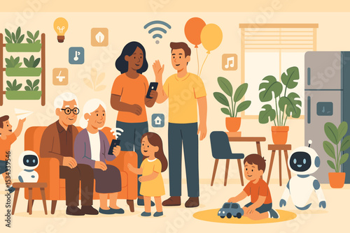 Smart home lifestyle with family, children, and assistive robots