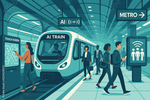 Futuristic metro station with AI-powered train and touchscreens
