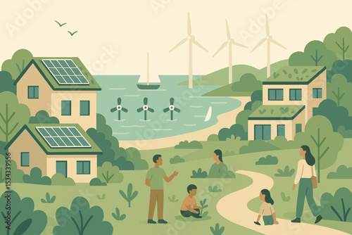 Illustration of a sustainable seaside village with solar homes and wind power