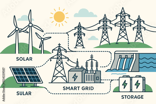 Smart grid system diagram with solar, wind, hydro, and battery storage