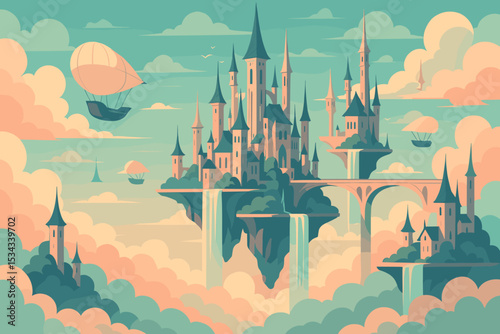 Whimsical floating castle with waterfalls and airships in dreamy sky