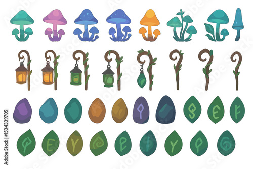 Mystical fantasy icons with glowing mushrooms, staffs, runes, and gems