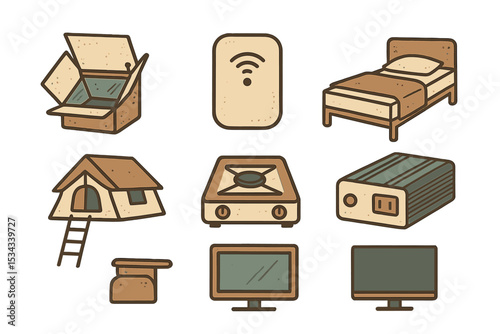 Vintage camping and off-grid icons with gear, bed, tent, and tech