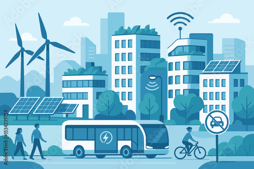 Modern eco city with smart transport, green energy, and urban greenery