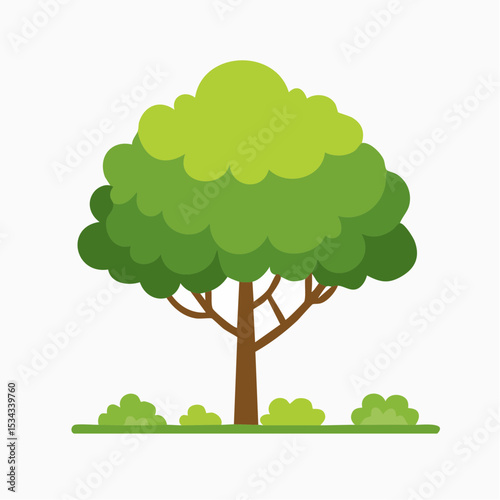 Lush Arbor Essence: An idealized tree, presented in a flat design with vibrant greens and browns, evoking a sense of freshness and organic charm.