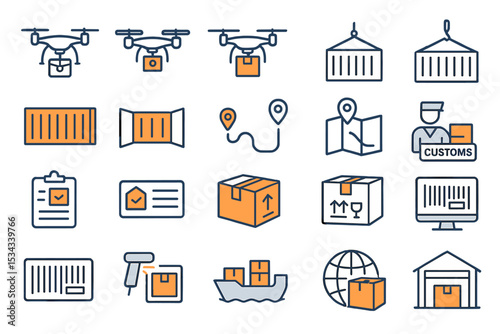 Shipping and logistics icon set with drones, containers, and barcodes
