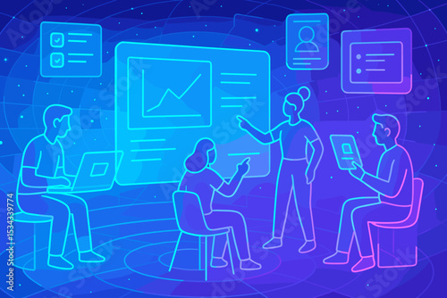 Team collaboration in virtual digital interface with data charts
