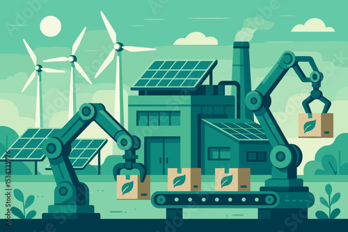 Eco-friendly factory with robots, solar panels, and wind turbines