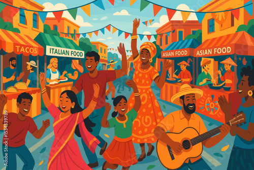 Joyful multicultural street festival with dancing and food stalls
