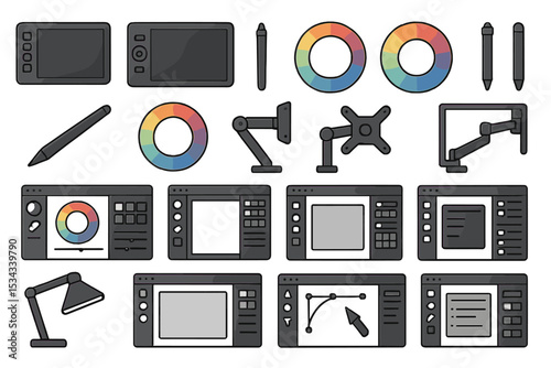 Digital art icon set featuring drawing tablets, styluses, and color wheels