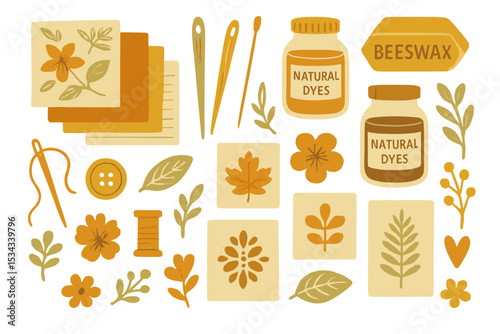 Natural craft elements with dyes, beeswax, and stencils