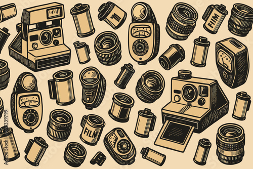 Seamless retro pattern of film cameras and photography gear