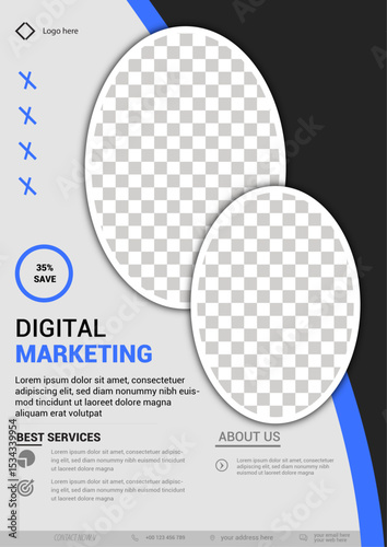 Digital Marketing Template with Checkered Circles and Blue Accents