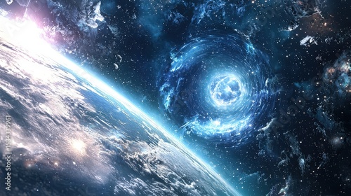 Stunning Spiral Galaxy Overlooking Earth in Cosmic Space Scene