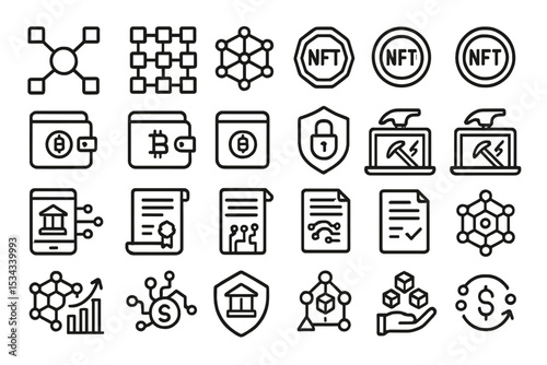 Minimalist cryptocurrency and blockchain icon set in dark theme