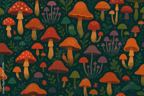 Whimsical forest mushroom pattern with colorful fungi and foliage