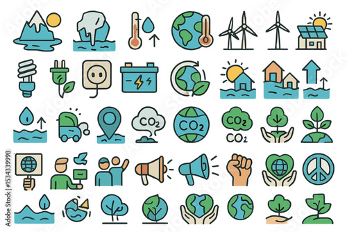 Colorful icon set representing climate change, sustainability, and activism
