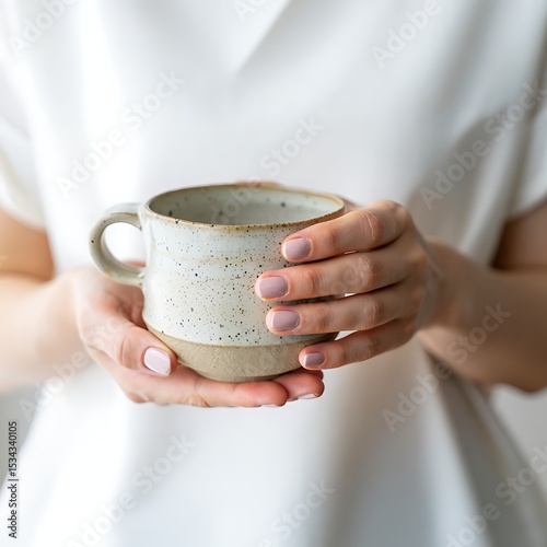 Woman holding a ceramic mug with pink painted nails in a cozy and minimalist setting
