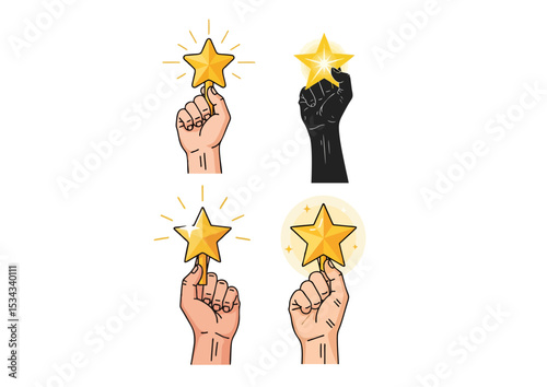 Shining star held by a raised hand illustration, symbolizing personal achievement and belief
