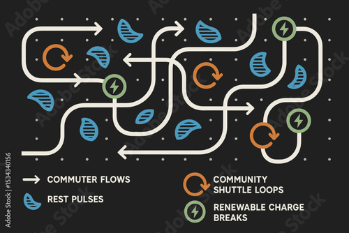 Stylized diagram of commuter flows with shuttle loops and energy breaks