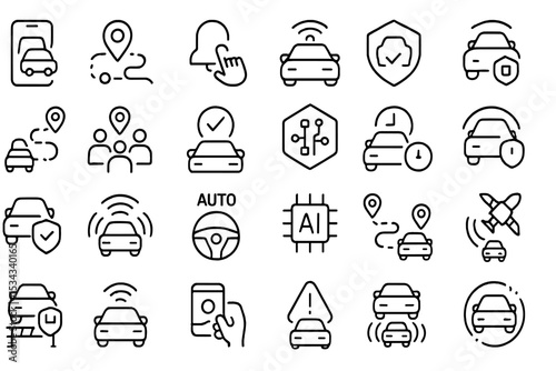 Icon set of autonomous driving, AI navigation, alerts, and smart vehicle functions