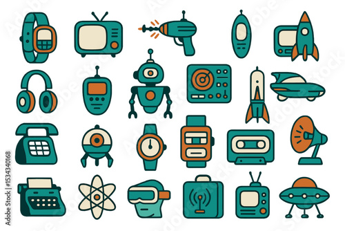 Retro-futuristic tech and sci-fi gadget icon set in bold colors