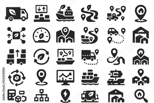 Icon set for eco logistics, smart delivery routing, and sustainable supply networks