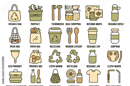 Hand-drawn icon set of zero-waste lifestyle items and eco products