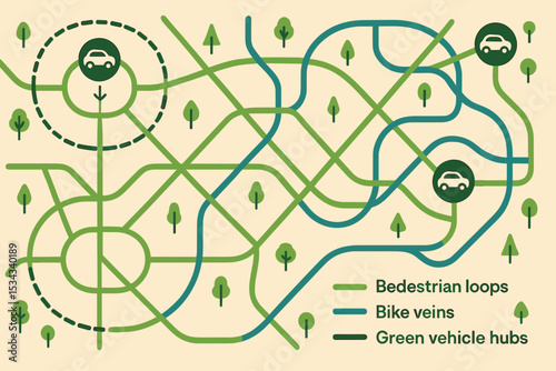 Diagram of a sustainable transit network with pedestrian loops, bike veins, and green vehicle hubs