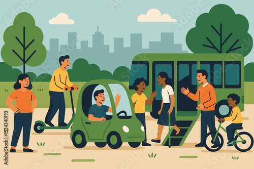 People using eco-friendly transport modes in a city park setting