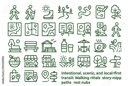 Scenic walking route and urban stroll icon set in green outline