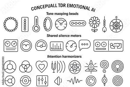 Set of conceptual emotional AI icons with symbolic interface elements
