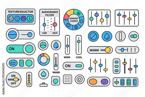 Set of colorful UI control elements with sliders and toggles