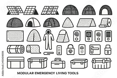 Icon set of modular emergency shelters and survival equipment