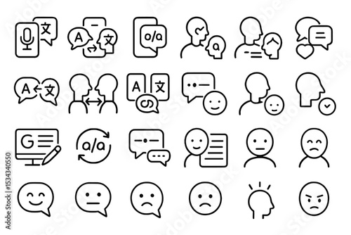 Set of translation and communication icons with emotion expressions