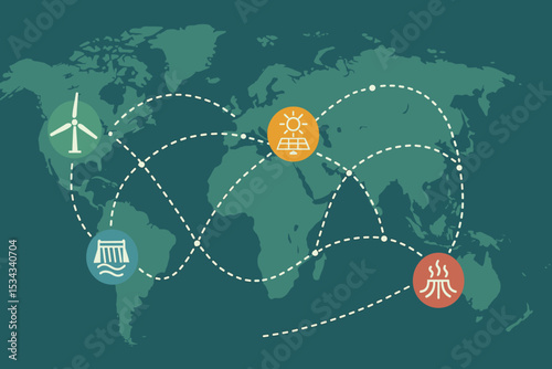 Global renewable energy network with wind, solar, hydro, and geothermal