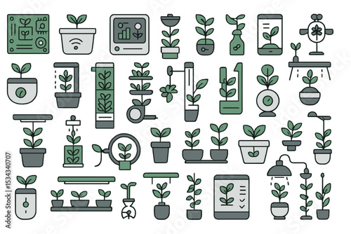 Smart indoor gardening icon set with tech-enhanced plant care tools