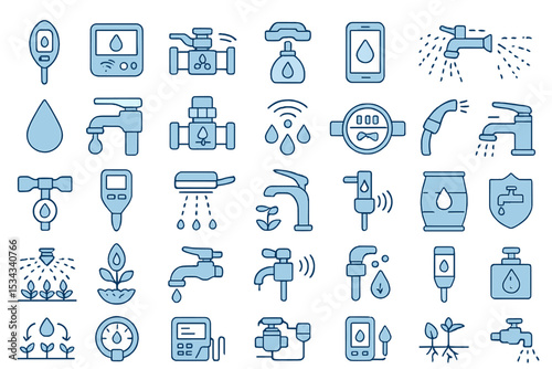 Set of smart irrigation and water control line icons