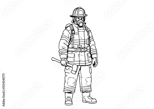 illustration, vector, firefighter, fire, emergency, equipment, safety, isolated, danger, drawing, rescue, fireman, line, protection, uniform, outline, helmet, sketch, symbol, doodle, art, fighter, sig