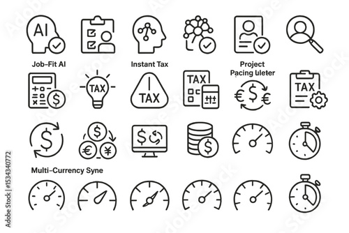 Set of finance and tax icons with AI, currency, and speed symbols