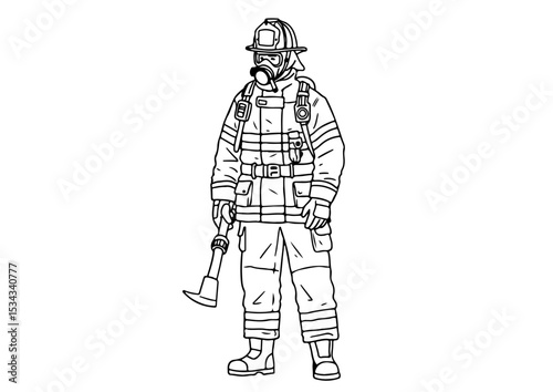 illustration, vector, firefighter, fire, emergency, equipment, safety, isolated, danger, drawing, rescue, fireman, line, protection, uniform, outline, helmet, sketch, symbol, doodle, art, fighter, sig