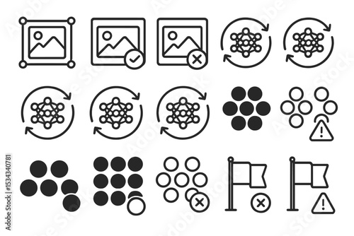 Set of AI model and image moderation icons in line style