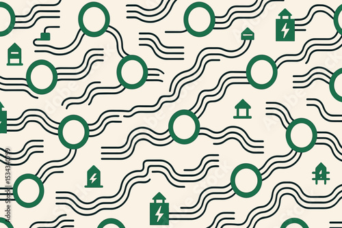 Abstract energy grid pattern with connected buildings and power icons