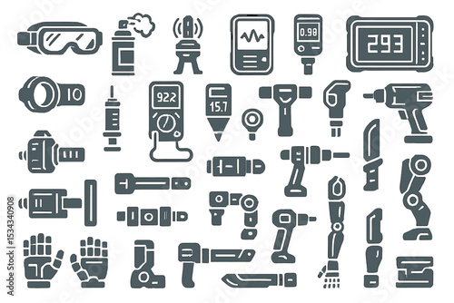 Outline icons of advanced diagnostic tools and robotic repair gear