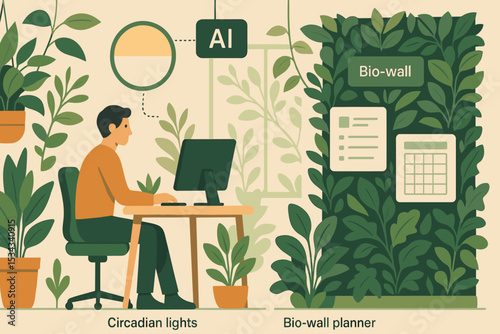 Smart workspace with circadian lighting and AI bio-wall planner