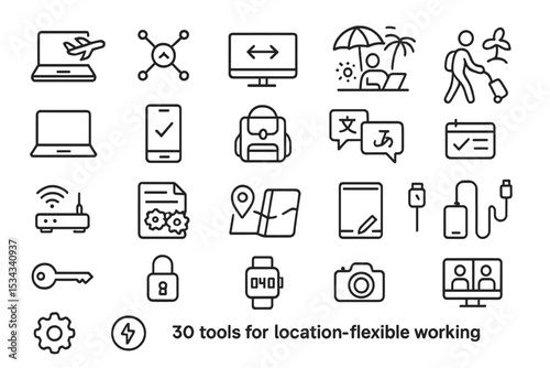Icon set of digital nomad and remote work tools in minimalist style