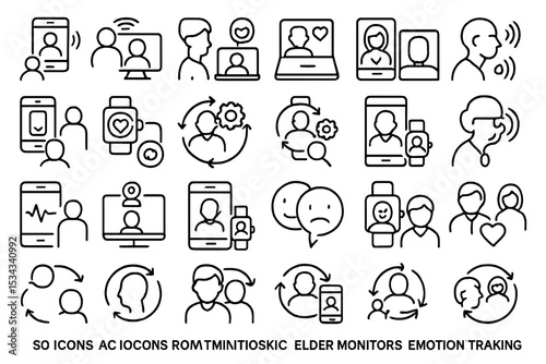 Line icon set for remote health monitoring, emotion tracking, and elder care