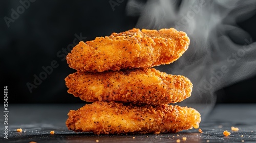 Crispy Fried Chicken Fillets Stacked with Smoke on Dark Background