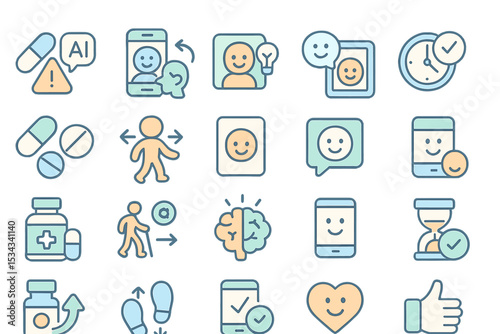 Soft pastel icon set for digital wellness, medication, and mood tracking